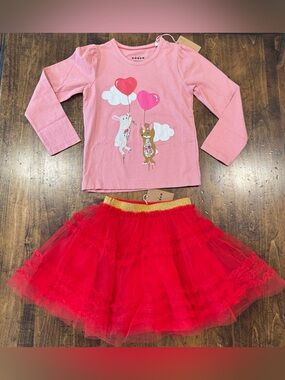 Mini Boden Girls Pink Bunny Tee (4/5Y) & Red Tulle Skirt (3/4Y) Set